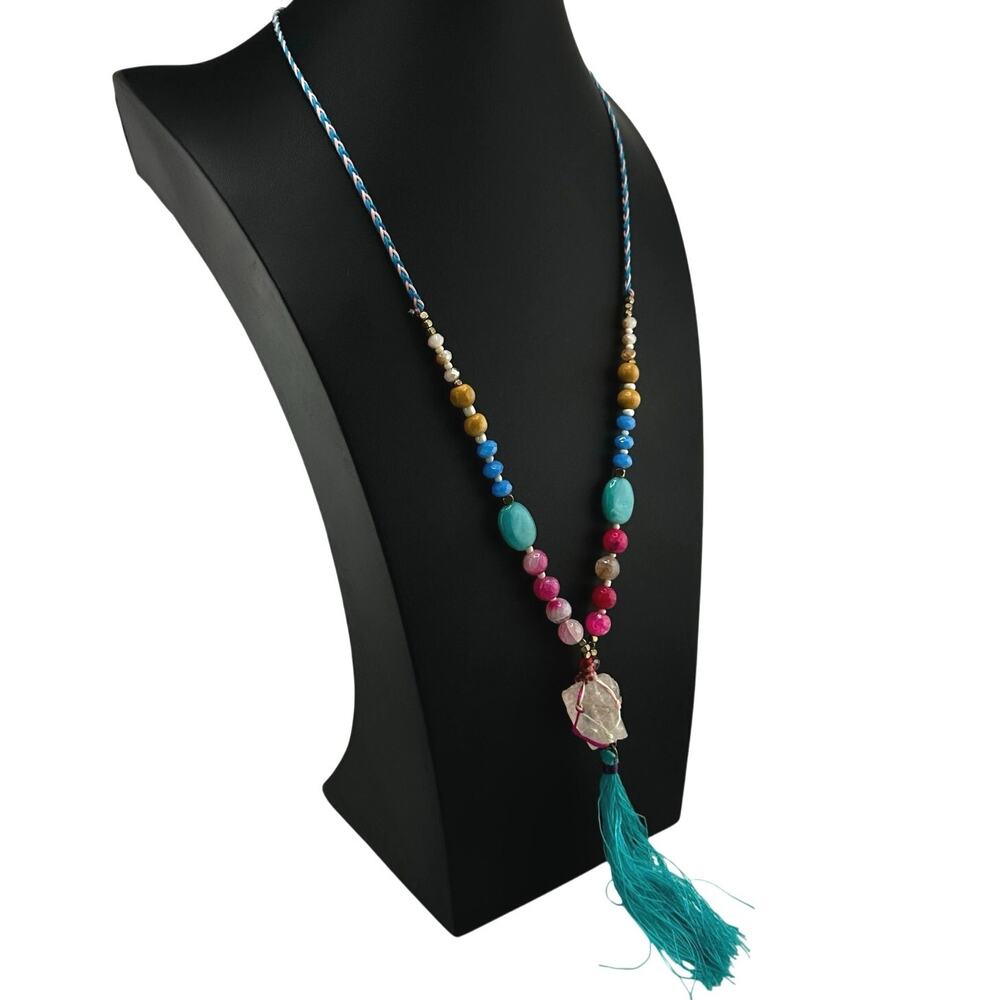 Worthington Boho Quartz Colorful Hot Pink Teal Beaded 30" Fashion Necklace